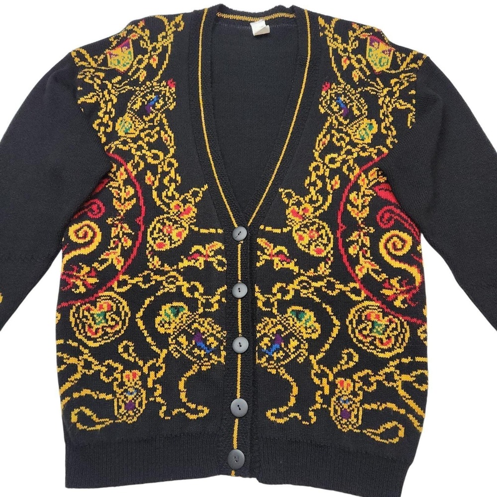 Vintage Norton McNaughton Cardigan Sweater Sz M Black Gold Chain Print Old Money